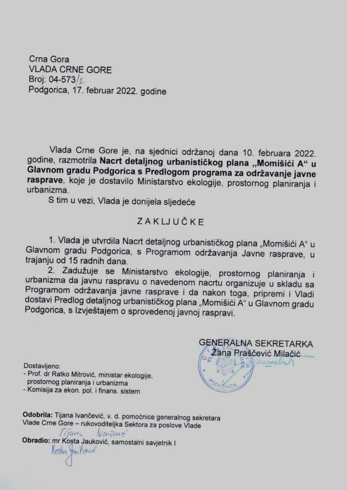 Нацрт детаљног урбанистичког плана „Момишићи А“ у Главном граду Подгорица с Предлогом програма одржавања јавне расправе - закључци