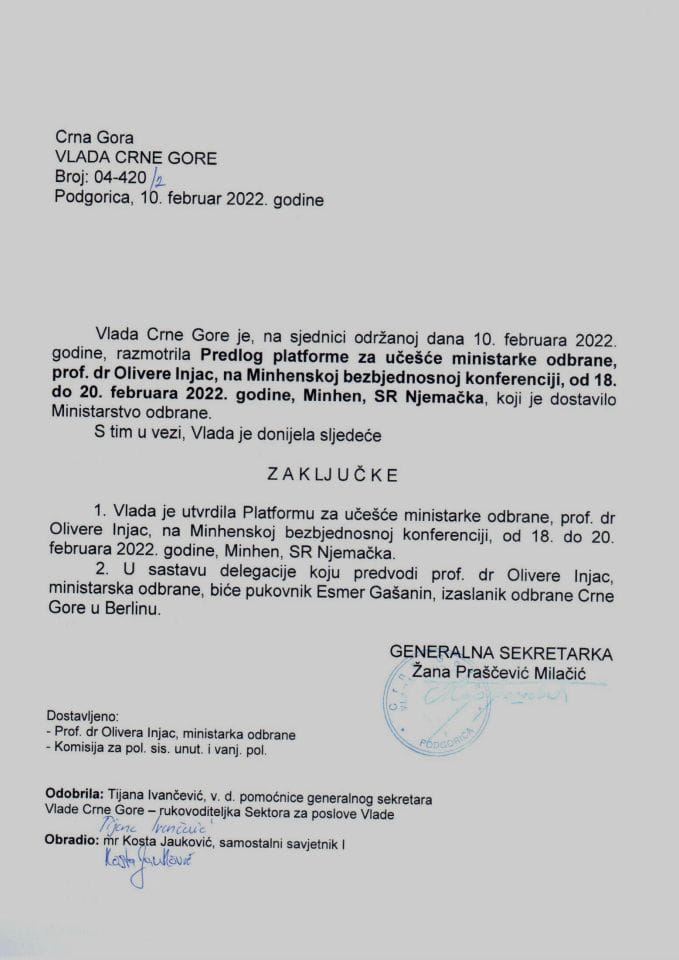 Predlog platforme za učešće ministarke odbrane prof. dr Olivere Injac na Minhenskoj bezbjednosnoj konferenciji, od 18. do 20. februara 2022. godine, Minhen, SR Njemačka - zaključci