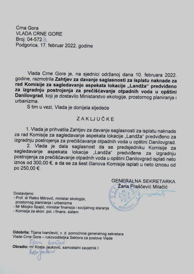 Zahtjev za davanje saglasnosti za isplatu naknade za rad Komisije za sagledavanje aspekata lokacije „Landža“ predviđeno za izgradnju postrojenja za prečišćavanje otpadnih voda u opštini Danilovgrad - zaključci