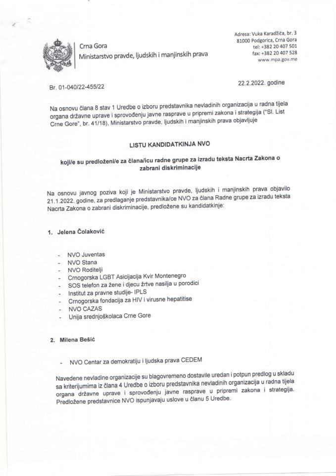 Листа кандидата НВО за члана Радне групе за израду текста Нацрта Закона о забрани дискриминације