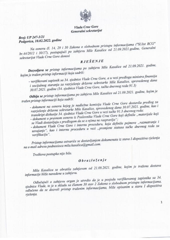 Informacija kojoj je pristup odobren po zahtjevu Mile Kasalice od 21.09.2021. godine - UP-247-3/21