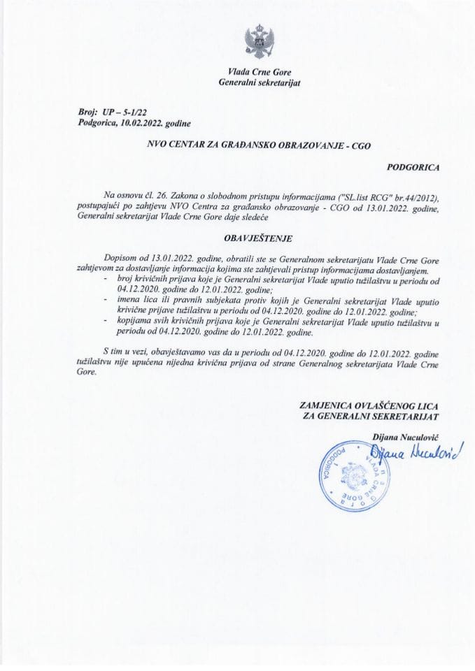 Informacija kojoj je pristup odobren po zahtjevu NVO Centar za građansko obrazovanje - CGO od 13.01.2022. godine – UP - 5-1/22