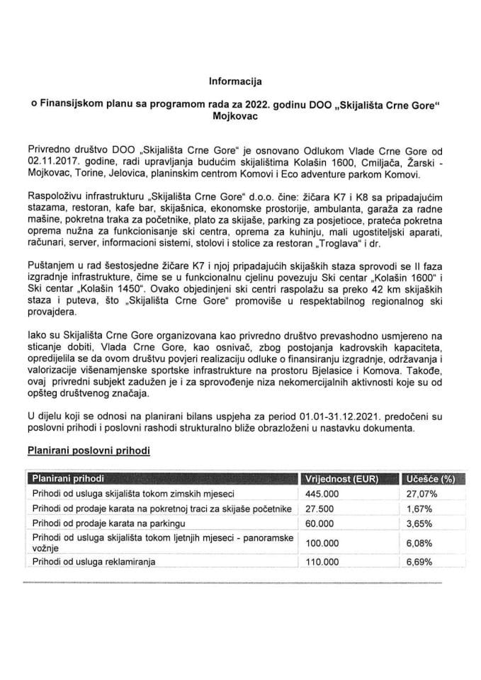 Информација о Финансијском плану са програмом рада за 2022. годину ДОО „Скијалишта Црне Горе“ Мојковац