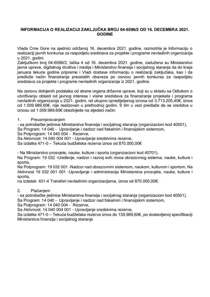 Информација о реализацији Закључка Владе Црне Горе, број: 04-6596/2, од 16. децембра 2021. године