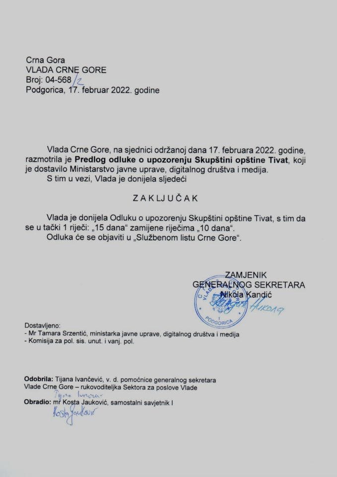 Predlog odluke o upozorenju Skupštini opštine Tivat - zaključci