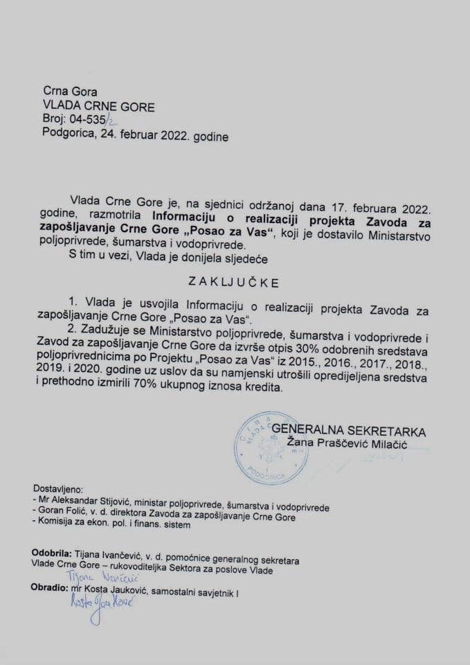 Informacija o realizaciji projekta Zavoda za zapošljavanje Crne Gore „Posao za Vas“ - zaključci