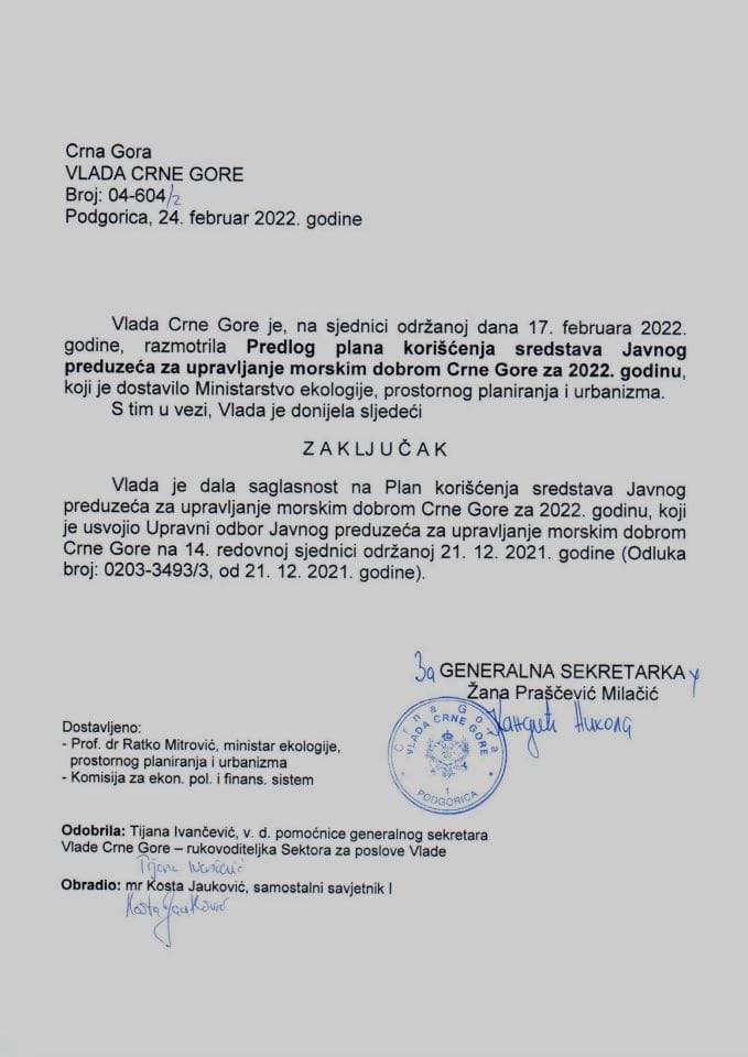 Предлог плана коришћења средстава Јавног предузећа за управљање морским добром Црне Горе за 2022. годину - закључци