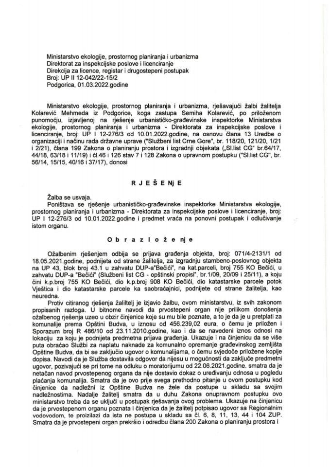 Drugostepeni postupak - UPII 12-042-22-15-2 MEHMED KOLAREVIĆ