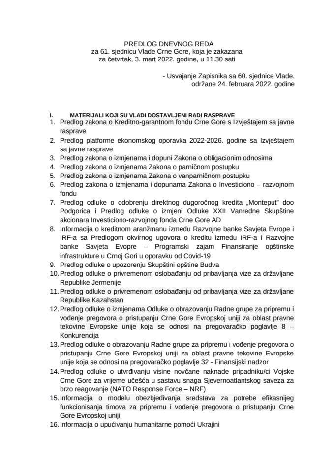 Предлог дневног реда за 61. сједницу Владе Црне Горе