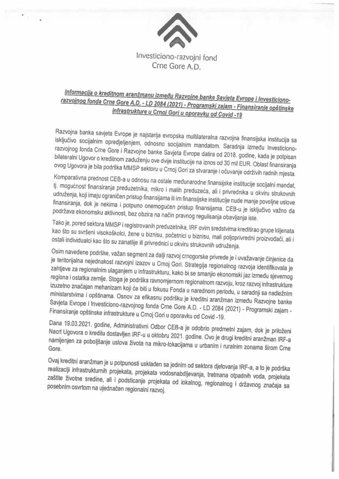 Информација о кредитном аранжману између Развојне банке СЕ и ИРФ-а са Предлогом оквирног уговора о кредиту између ИРФ-а и Развојне банке Савјета Евопре – Програмски зајам Финансирање општинске инфраструктуре у Црној Гори у опоравку од Covid-19