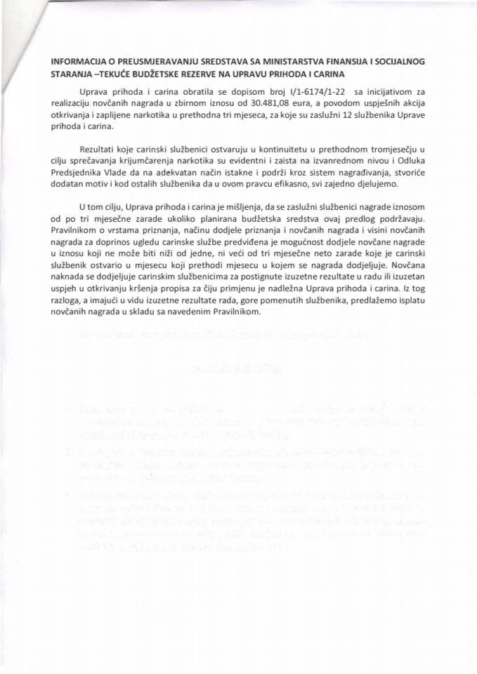 Информација о преусмјеравању средстава са Министарства финансија и социјалног старања-Текуће буџетске резерве на Управу прихода и царина