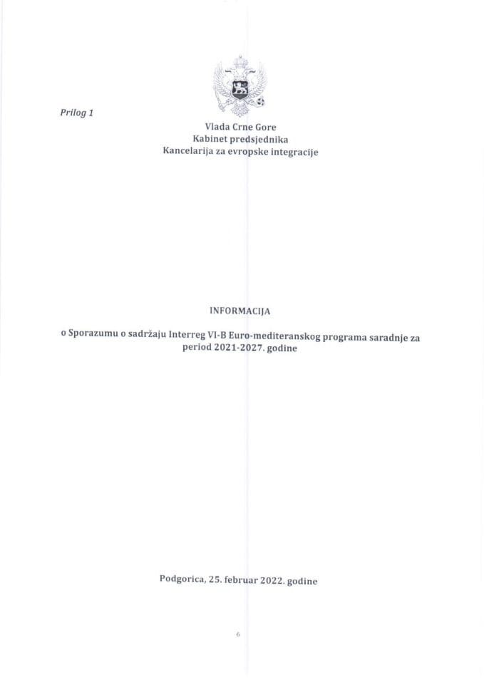Информација о Споразуму о садржају Interreg VI-B Euro-медитеранског програма сарадње за период 2021-2027. године с Предлогом споразума (без расправе)