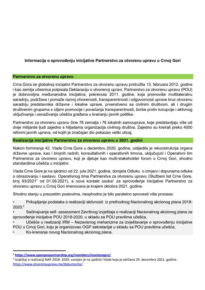 Информација о спровођењу иницијативе Партнерство за отворену управу у Црној Гори (без расправе)