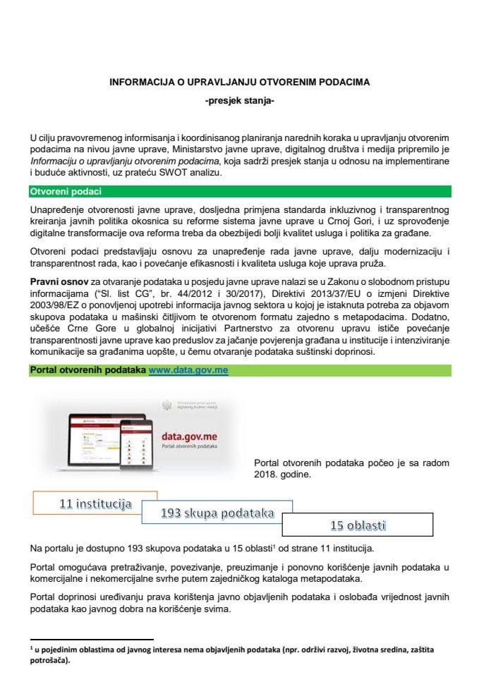 Информација о управљању отвореним подацима са Извјештајем о спроведеном истраживању „Унапређење система управљања отвореним подацима“ (без расправе)