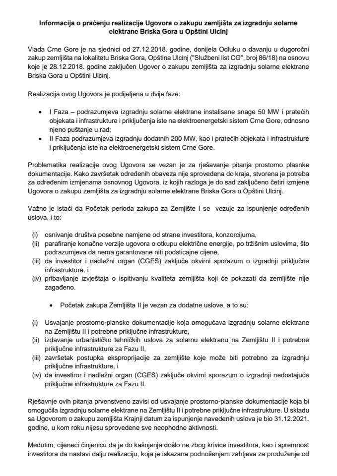Информација о праћењу реализације Уговора о закупу земљишта за изградњу соларне електране Бриска Гора у Општини Улцињ с Предлогом пете измјене Уговора о закупу земљишта за изградњу соларне електране (без расправе)