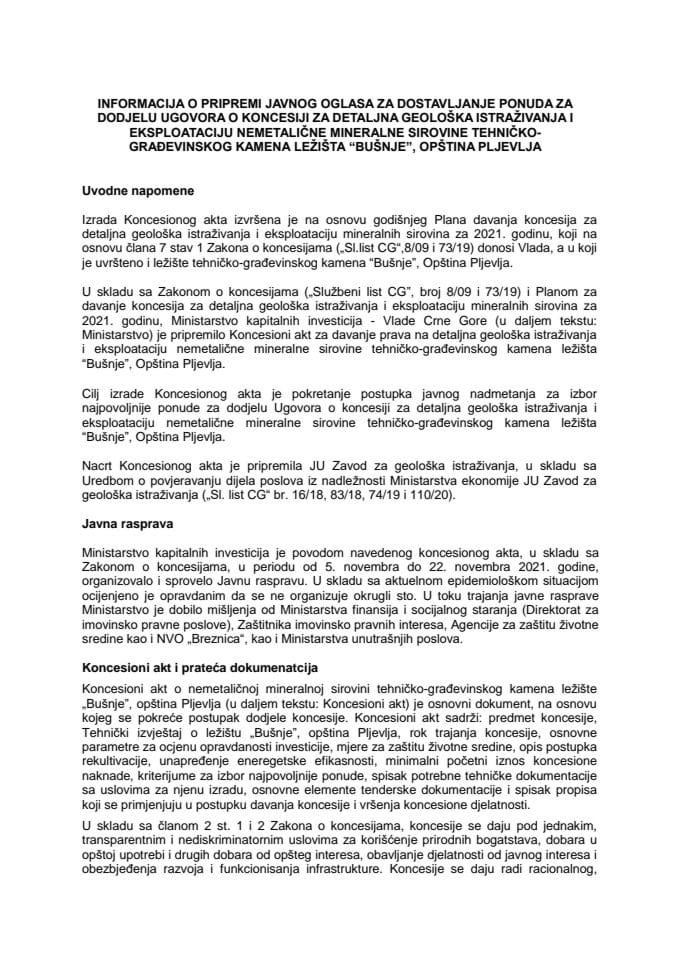 Информација о припреми Јавног огласа за достављање понуда за додјелу Уговора о концесији за детаљна геолошка истраживања и експлоатацију неметаличне минералне сировине техничко-грађевинског камена лежишта „Бушње“, општина Пљевља (без расправе)