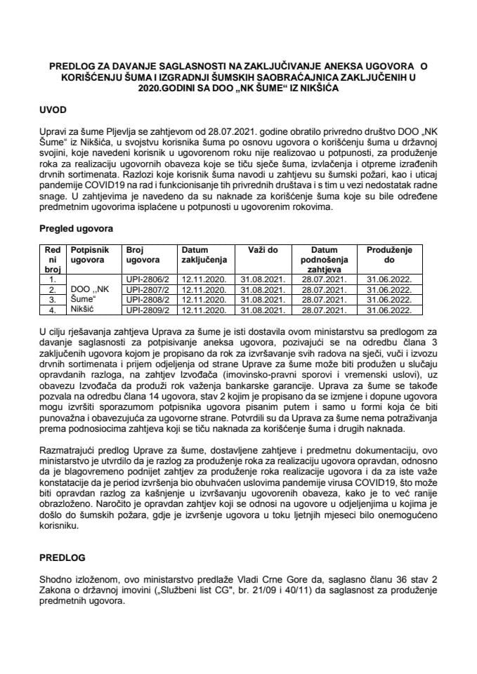 Предлог за давање сагласности на закључивање Анекса Уговора о коришћењу шума и изградњи шумских саобраћајница закључених у 2020. години са ДОО „НК Шуме“ из Никшића с Предлогом анекса уговора о коришћењу шума