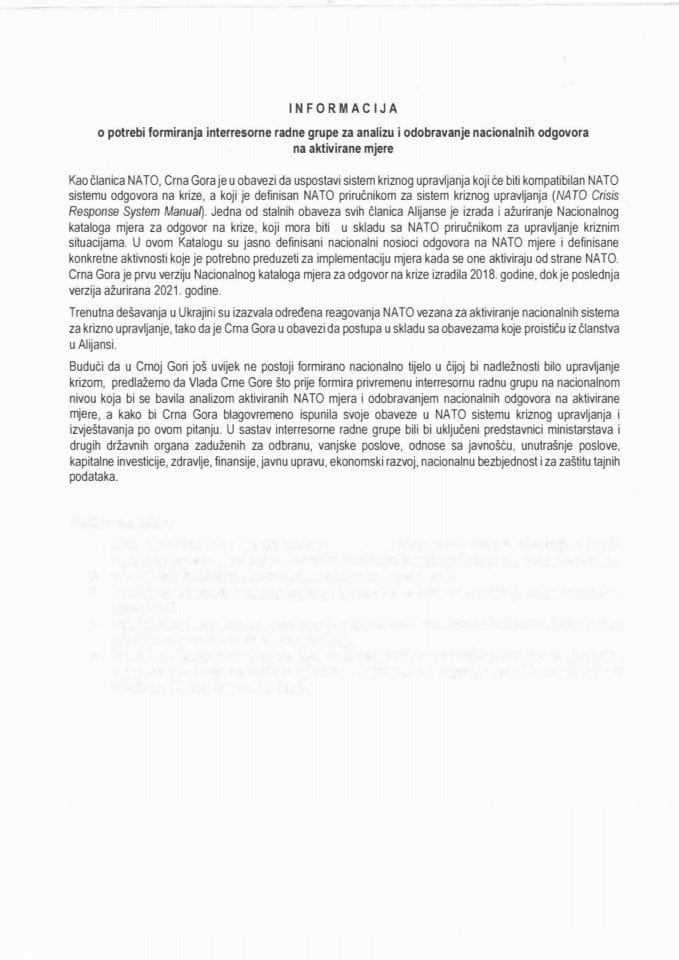 Информација о потреби формирања интерресорне радне групе за анализу и одобравање националних одговора на активиране мјере