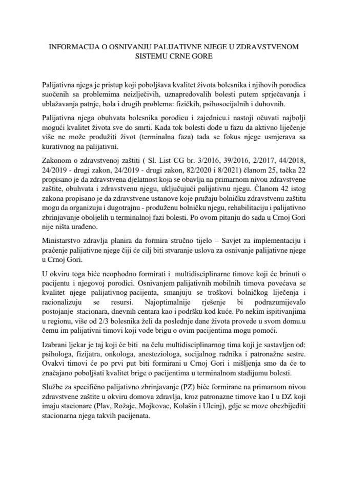Информација о оснивању палијативне његе у здравственом систему Црне Горе