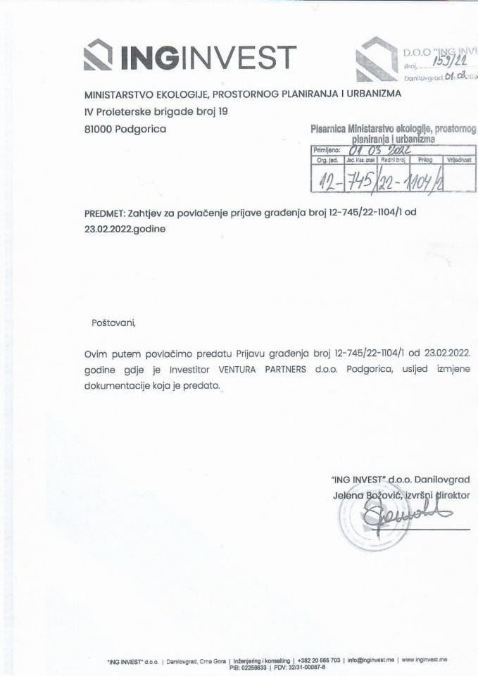 Prijava građenja objekta - 12-745-22-1104-2 DOO ING INVEST