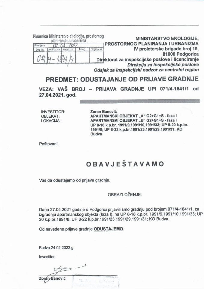 Prijava građenja objekta - 071-4-1841-4 ZORAN BANOVIĆ