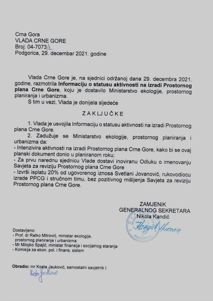 Информација о статусу активности на изради Просторног плана Црне Горе - закључци