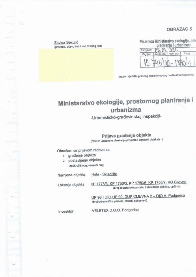 Prijava građenja objekta - 12-745-22-1340-1 VELETEX DOO PODGORICA