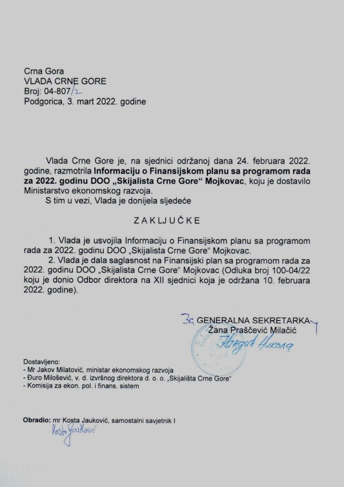 Информација о Финансијском плану са програмом рада за 2022. годину ДОО „Скијалишта Црне Горе“ Мојковац - закључци