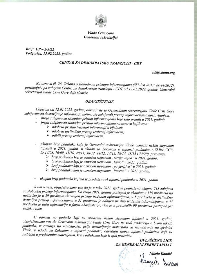 Информација којој је приступ одобрен по захтјеву Центра за демократску транзицију - ЦДТ од 12.01.2022. године – УП - 2-3/22