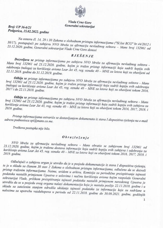 Informacija kojoj je pristup odobren po zahtjevu NVO Mreže za afirmaciju nevladinog sektora - MANS od 23.12.2021. godine - UP-36-6/21