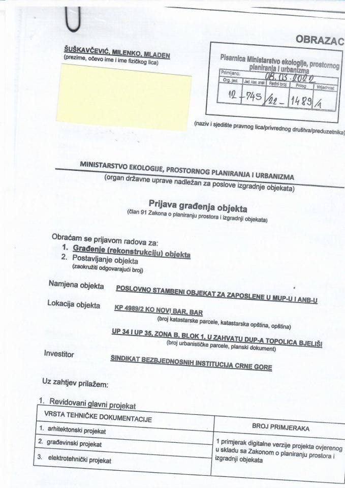 Prijava građenja objekta - 12-745-22-1489-1 SINDIKAT BEZBJEDNOSNIH INSTITUCIJA CRNE GORE