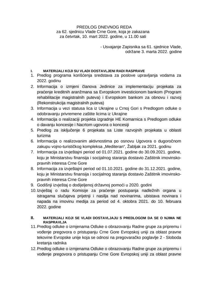 Предлог дневног реда за 62. сједницу Владе Црне Горе
