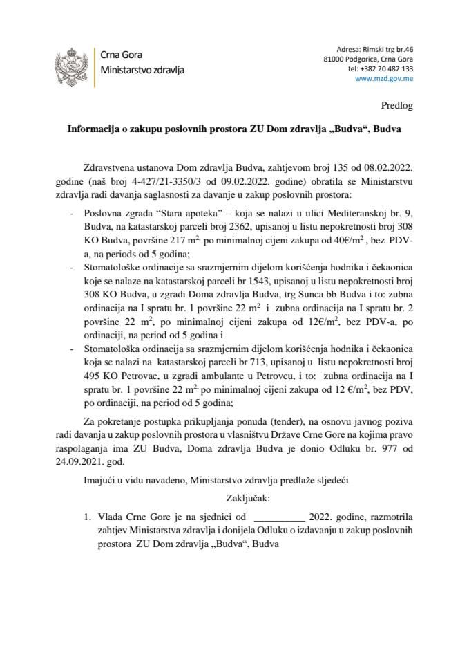 Информација о закупу пословних простора ЗУ Дом здравља „Будва“, Будва с Предлогом одлуке (без расправе)