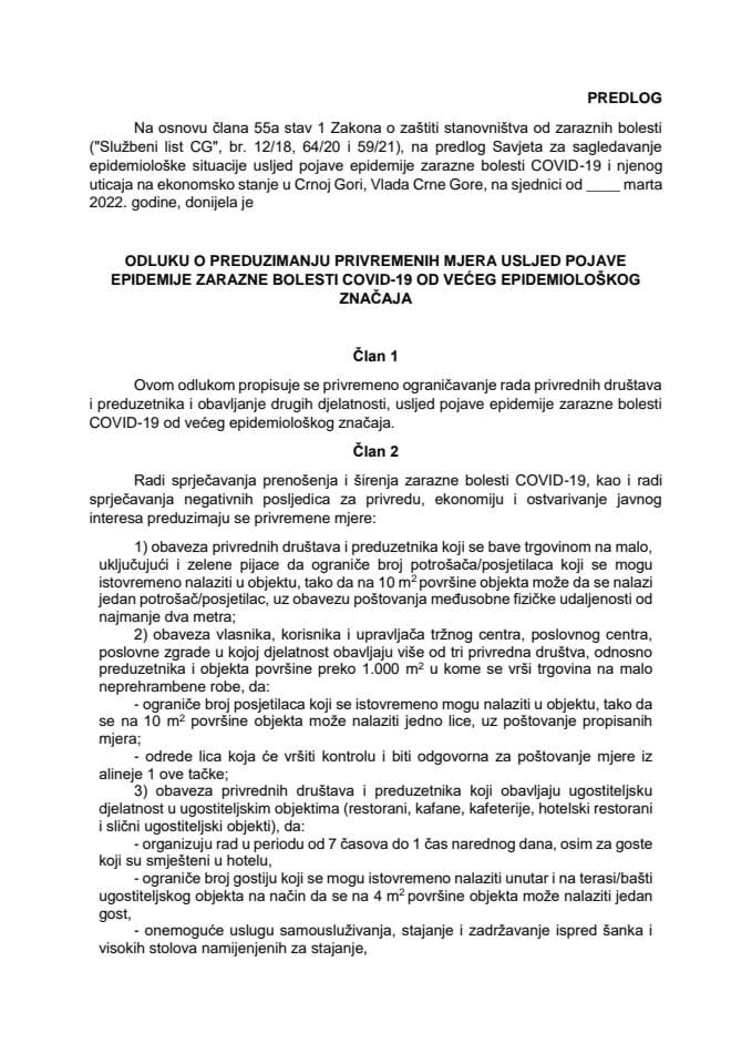 Predlog odluke o preduzimanju privremenih mjera usljed pojave epidemije zarazne bolesti COVID-19 od većeg epidemiološkog značaja