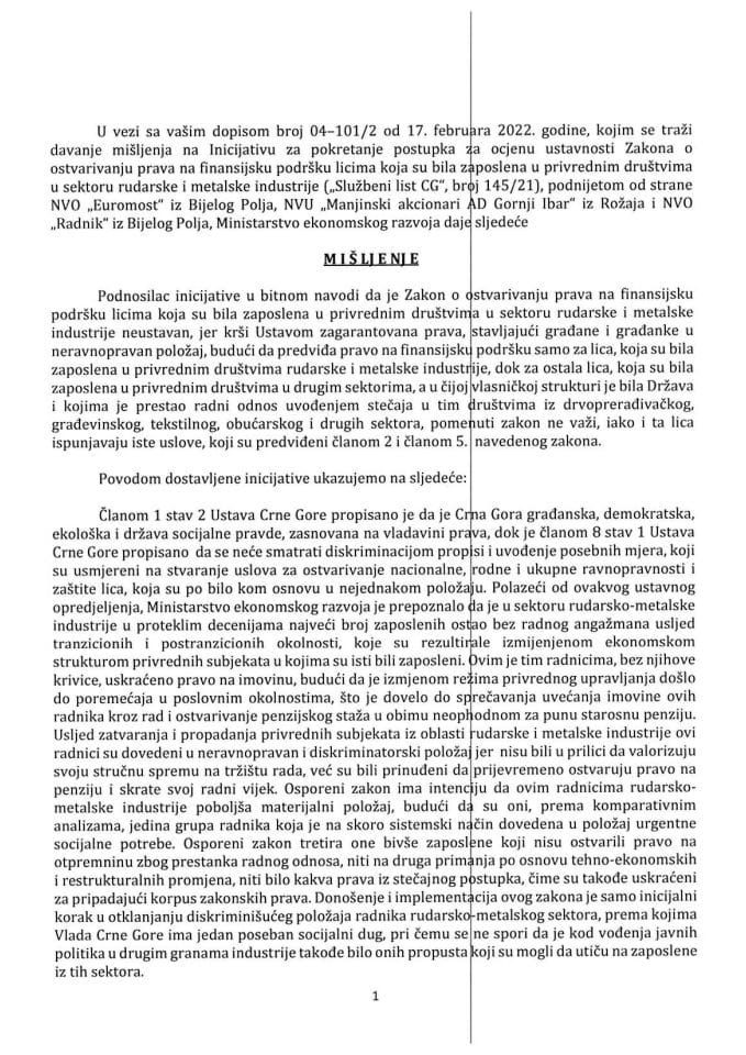 Предлог мишљења на Иницијативу за оцјену уставности Закона о остваривању права на финансијску подршку лицима која су била запослена у привредним друштвима у сектору рударске и металске индустрије