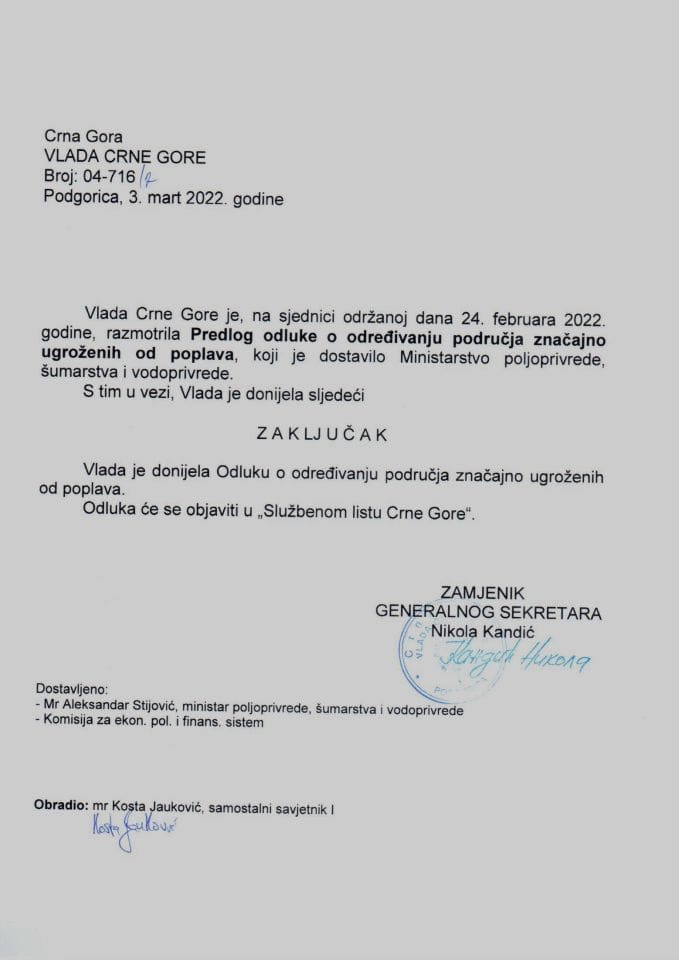 Предлог одлуке о одређивању подручја значајно угрожених од поплава - закључци