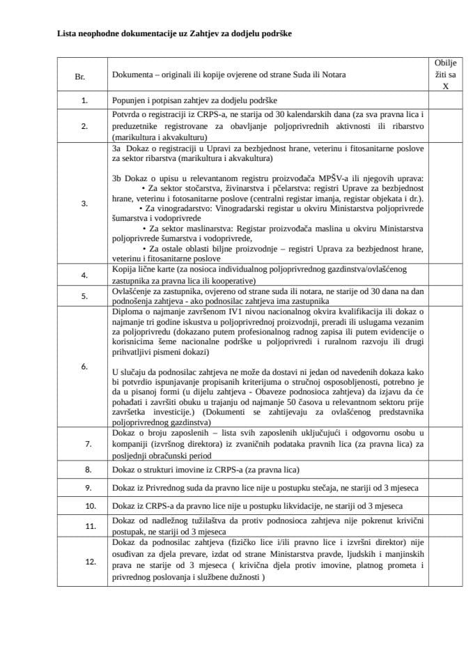 Prilog 3 Lista neophodne dokumentacije uz zahtjev za dodjelu podrške (7)