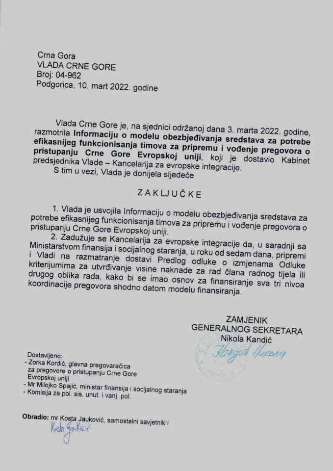 Информација о моделу обезбјеђивања средстава за потребе ефикаснијег функционисања тимова за припрему и вођење преговора о приступању Црне Горе Европској унији - закључци