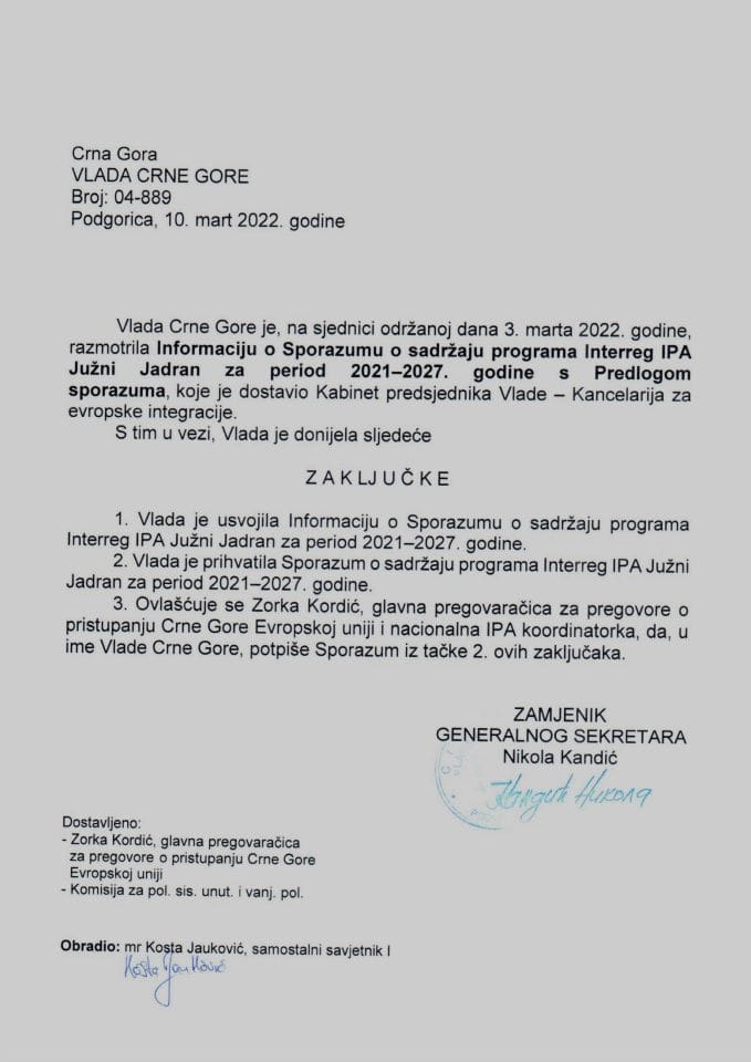 Информација о Споразуму о садржају програма Interreg IPA Јужни Јадран за период 2021-2027. године с Предлогом споразума (без расправе) - закључци