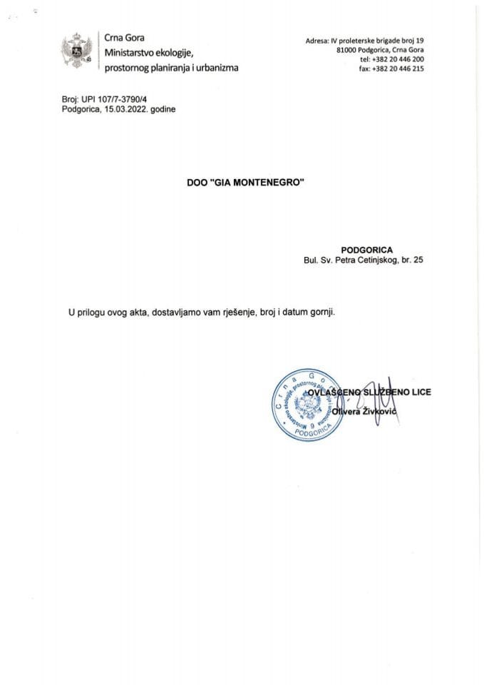Licence projektanata i izvođača radova - UPI 107-7-3790-4 DOO GIA MONTENEGRO
