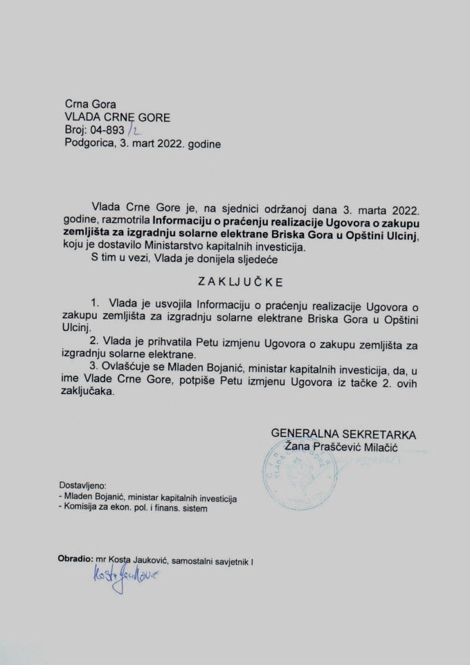 Информација о праћењу реализације Уговора о закупу земљишта за изградњу соларне електране Бриска Гора у Општини Улцињ с Предлогом пете измјене Уговора о закупу земљишта за изградњу соларне електране (без расправе) - закључци