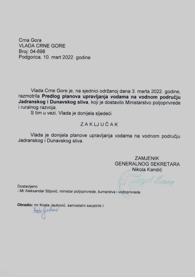 Предлог планова управљања водама на водном подручју Дунавског и Јадранског слива - закључци