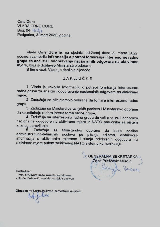 Informacija o potrebi formiranja interresorne radne grupe za analizu i odobravanje nacionalnih odgovora na aktivirane mjere - zaključci