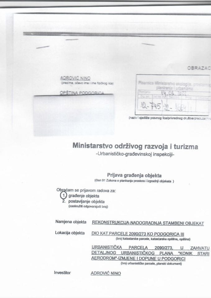 Prijava građenja objekta - Adrović Nino 12-745-22-1664-1