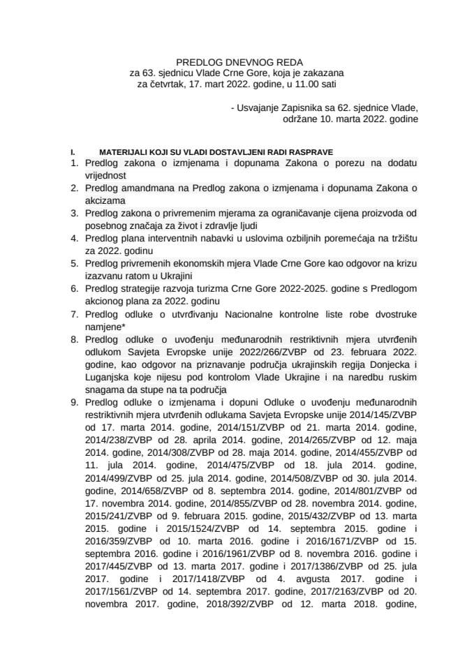 Predlog dnevnog reda za 63. sjednicu Vlade Crne Gore