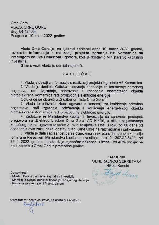 Информација о реализацији пројекта изградње ХЕ Комарница с Предлогом одлуке о давању концесије и Нацртом уговора о концесији - закључци