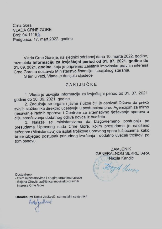 Информација за извјештајни период од 01.07.2021. године до 30.09.2021. године, коју је Министарству финансија и социјалног старања доставио Заштитник имовинско-правних интереса Црне Горе - закључци