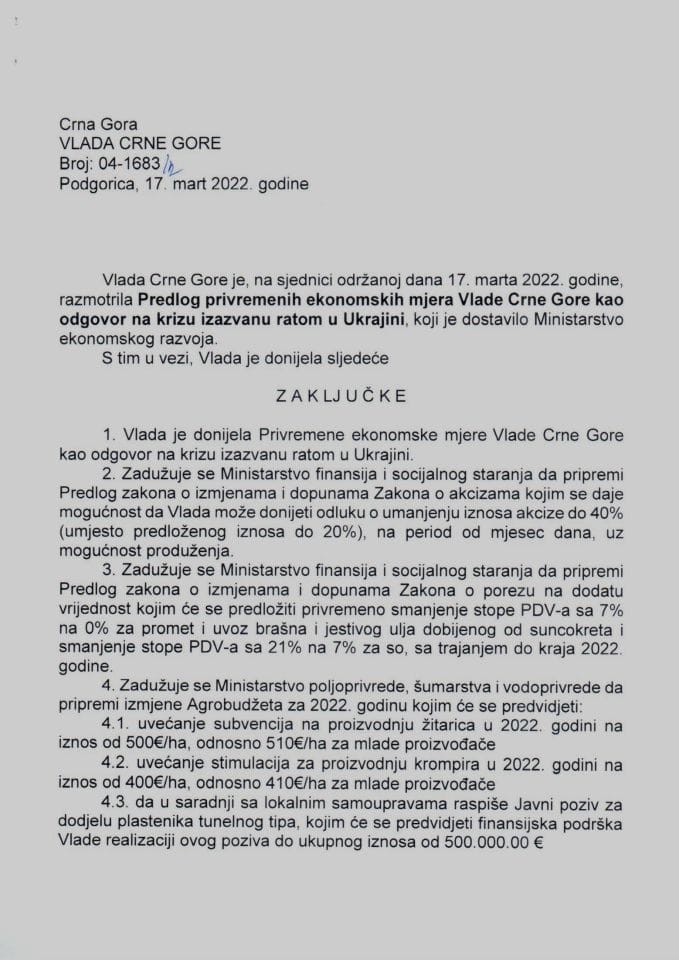 Predlog privremenih ekonomskih mjera Vlade Crne Gore kao odgovor na krizu izazvanu ratom u Ukrajini - zaključci