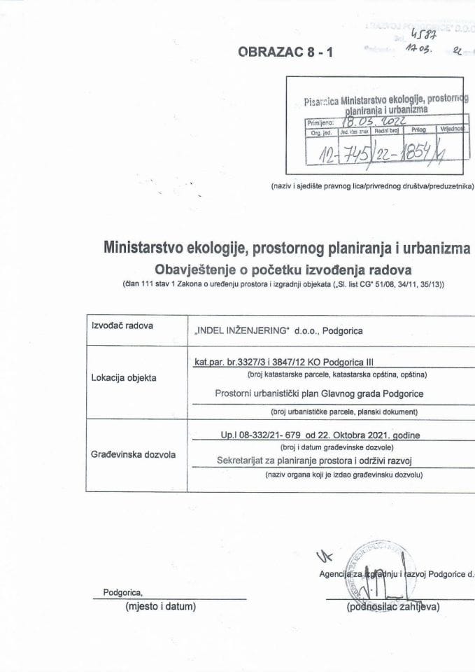 Prijava početka građenja objekta - 12-745-22-1854-1 INDEL INŽENJERING DOO