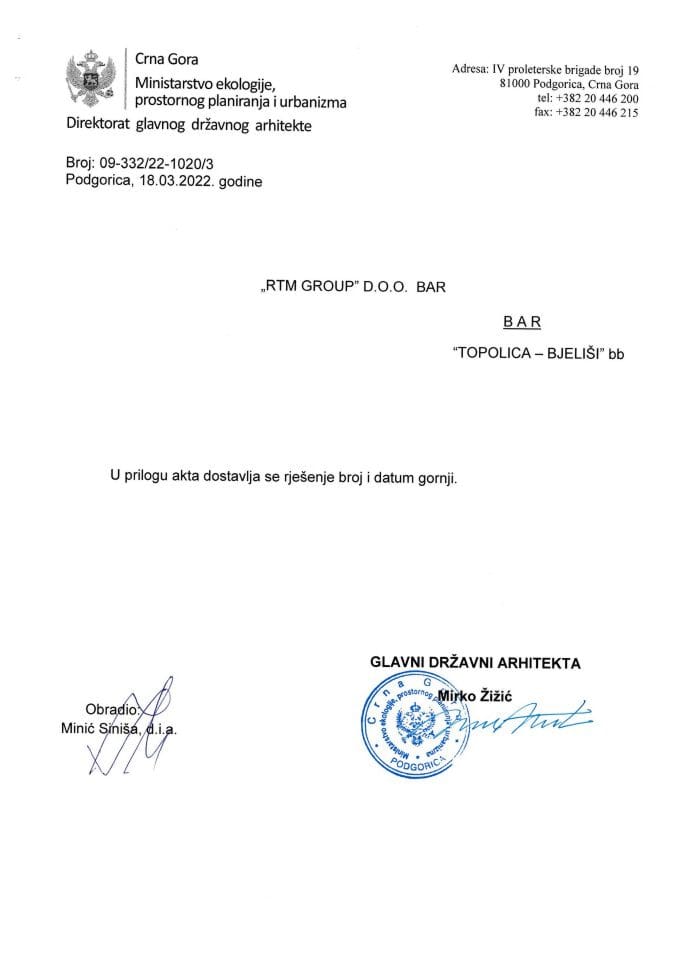 Rješenja glavnog državnog arhitekte - 18.03.2022. - Rješenje - RTM GROUP D.O.O Bar - Opština Bar
